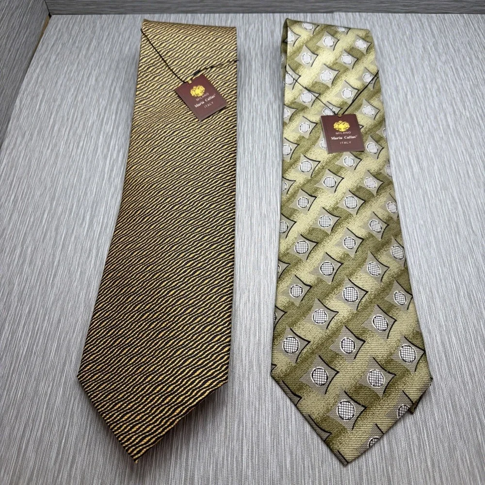 Maria Callas Silk Necktie Lot of 2 NWT Brown Gold Geometric Made in Italy